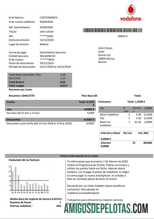 imprimível Modelo de fatura de serviços públicos de telecomunicações da Espanha Vodafone em formato Word e PDF
